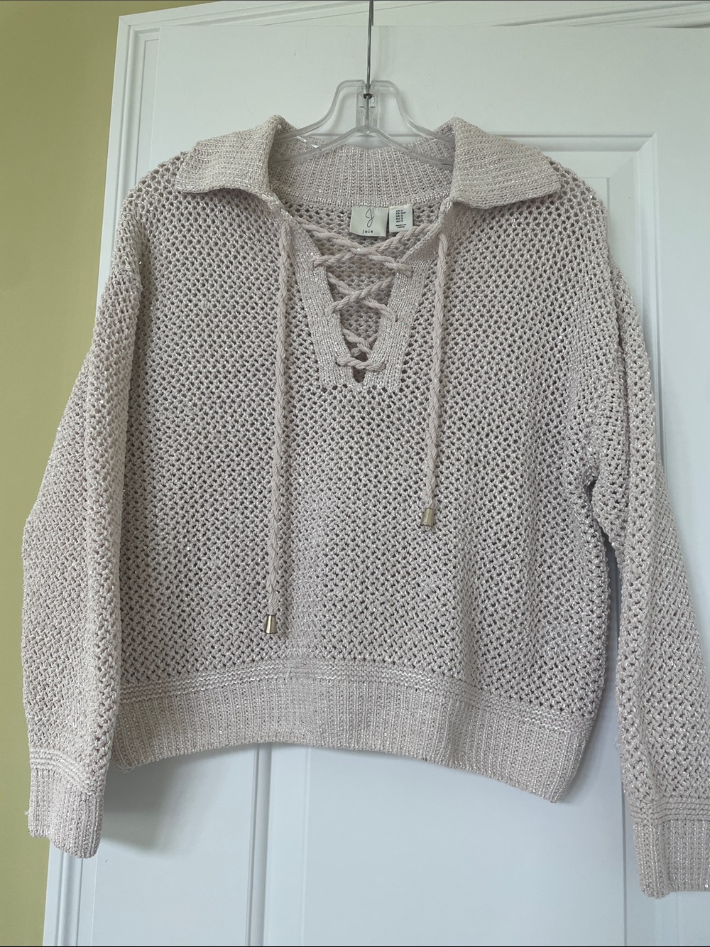 Joie Open-Knit Lace-Up Collared Sweater - Light Beige